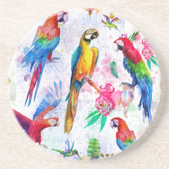 Watercolor Style Parrots Coaster (Front)