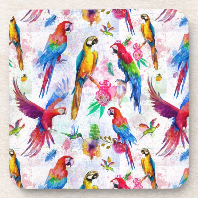 Watercolor Style Parrots Coaster (Front)