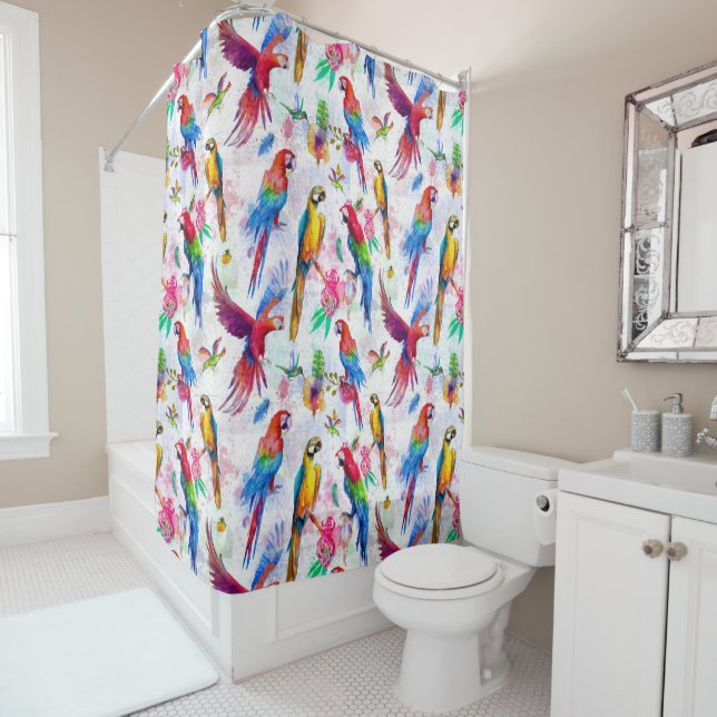 Watercolor Style Parrots Shower Curtain (In Situ)
