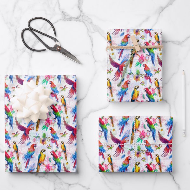 Watercolor Style Parrots Wrapping Paper Sheet (Front)