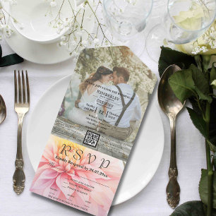 Watercolor Style Pink Dahlia Photo QR Code Website All In One Invitation