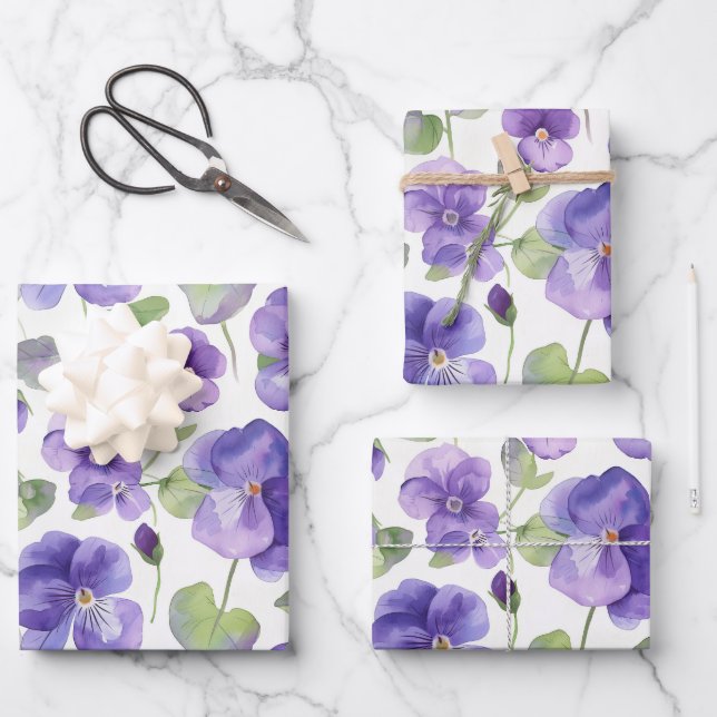 Watercolor Style Purple Pansy Type Flowers  Wrapping Paper Sheet (Front)