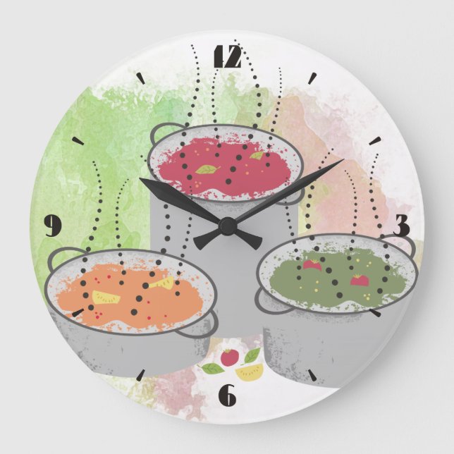 Watercolor style steaming sauces kitchen clock (Front)