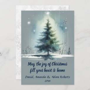 Watercolor Style Tree Against Medium Blue Backdrop Holiday Card