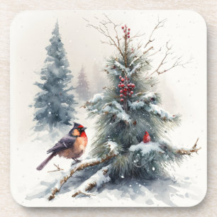 Watercolor Style Winter Woodland Birds Coasters