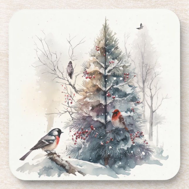 Watercolor Style Winter Woodland Birds Coasters (Front)