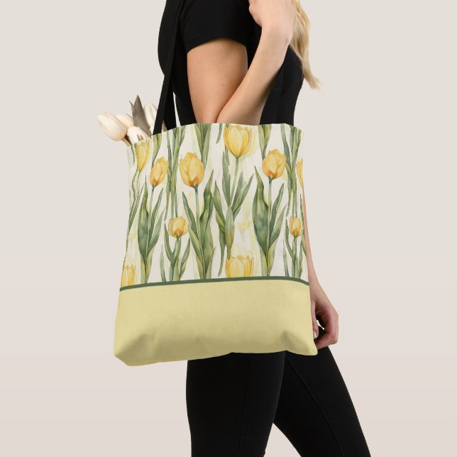 Watercolor Style Yellow Tulips, Colour Block Tote Bag (Close Up)