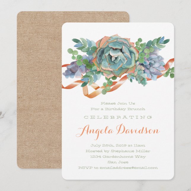 Watercolor Succulent Birthday Brunch Party Invitation (Front/Back)