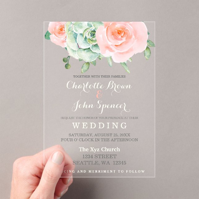 Watercolor Succulent Blush Floral Elegant Wedding Acrylic Invitations (Insitu (Handheld))