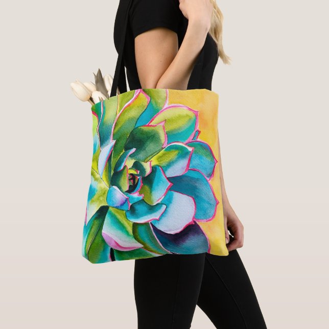 Watercolor succulent botanical tote bag (Close Up)