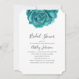 Watercolor succulent bridal shower. Teal cactus Invitation
