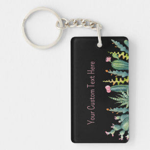 Watercolor Succulent Cactus Custom Text Key Ring