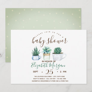 Watercolor Succulent Cactus Dots Baby Shower Invitation