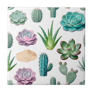 Watercolor Succulent Cactus Pattern Ceramic Tile