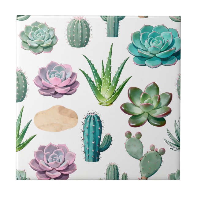 Watercolor Succulent Cactus Pattern Ceramic Tile (Front)