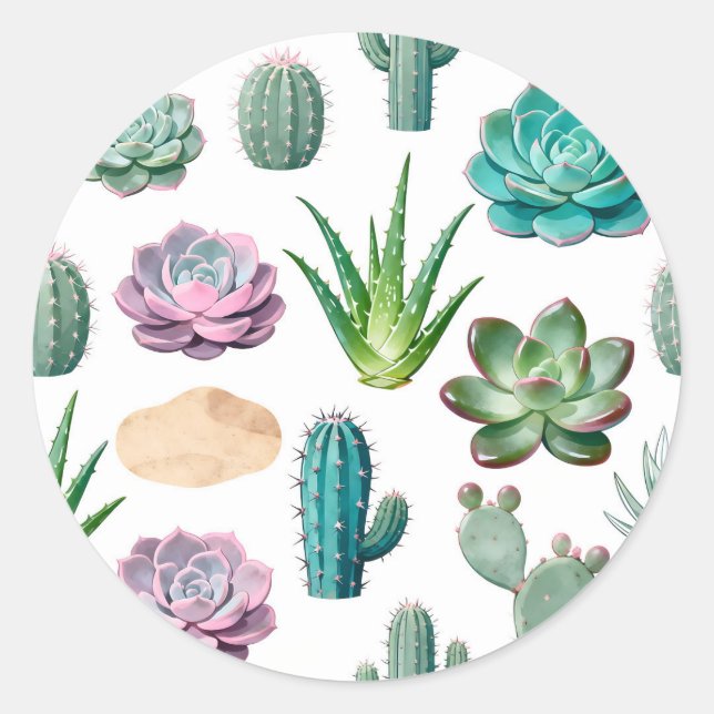 Watercolor Succulent Cactus Pattern Classic Round Sticker (Front)