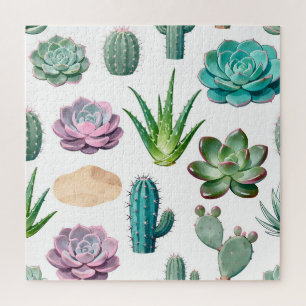 Watercolor Succulent Cactus Pattern Jigsaw Puzzle