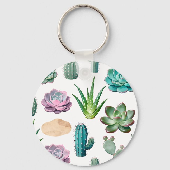 Watercolor Succulent Cactus Pattern Key Ring (Front)