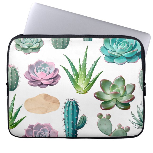Watercolor Succulent Cactus Pattern Laptop Sleeve (Front)
