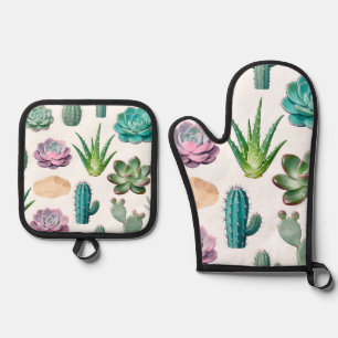Watercolor Succulent Cactus Pattern Oven Mitt & Pot Holder Set