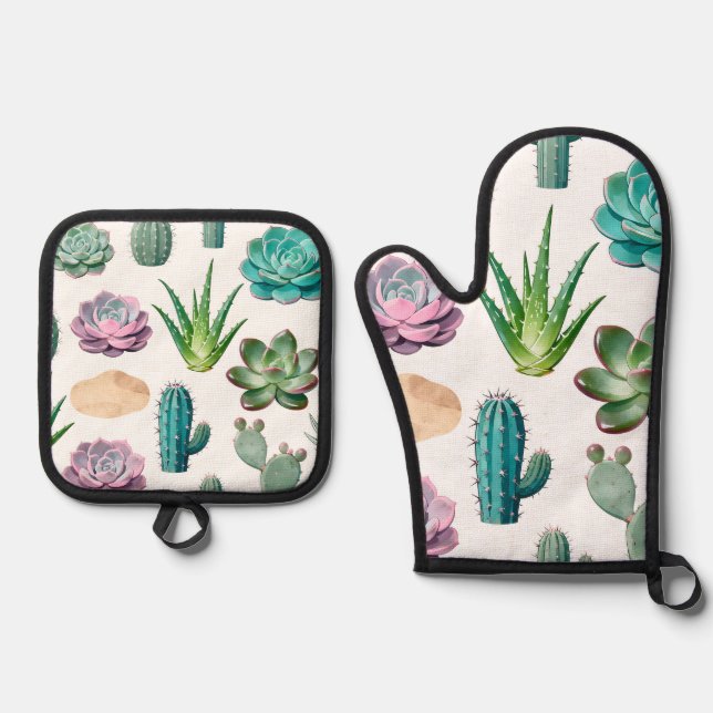 Watercolor Succulent Cactus Pattern Oven Mitt & Pot Holder Set (Front)