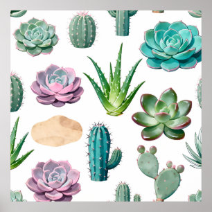 Watercolor Succulent Cactus Pattern Poster