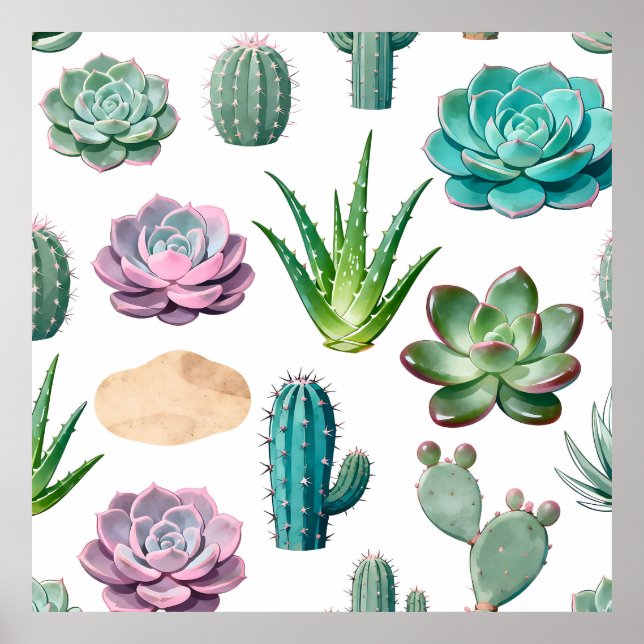 Watercolor Succulent Cactus Pattern Poster (Front)