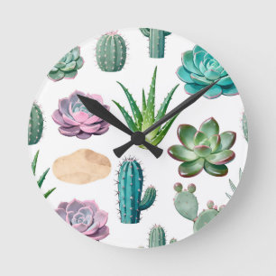 Watercolor Succulent Cactus Pattern Round Clock