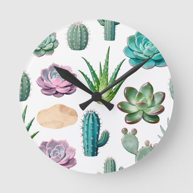 Watercolor Succulent Cactus Pattern Round Clock (Front)