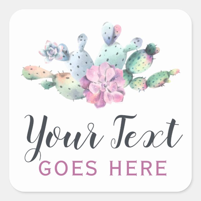 Watercolor Succulent Cactus Prickly Pear Bohemian Square Sticker (Front)