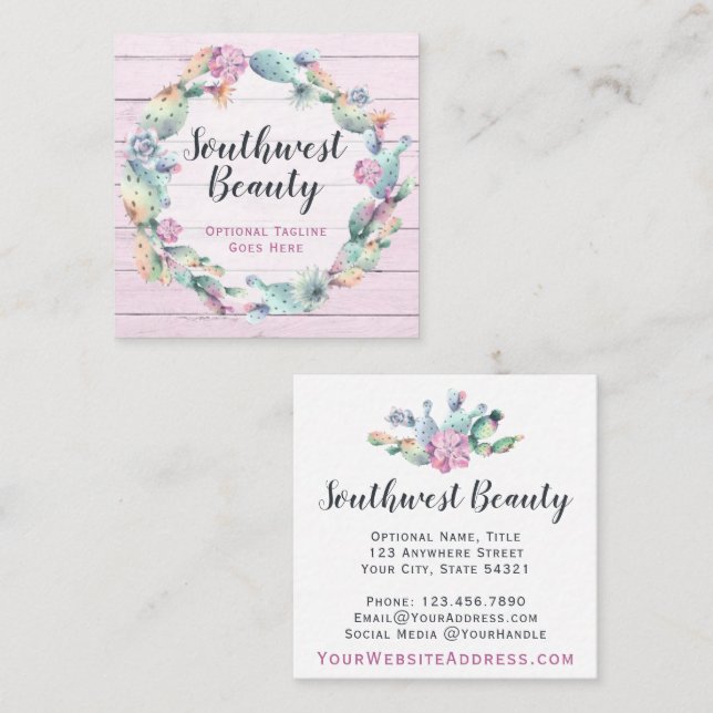 Watercolor Succulent Cactus & Rustic Wood Bohemian Square Business Card (Front/Back)