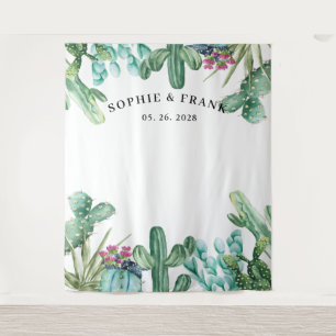 Watercolor Succulent Cactus Wedding Backdrop Tapestry