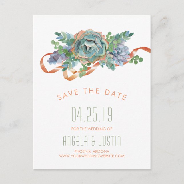 Watercolor Succulent Cluster Save the Date 2 Announcement Postcard (Front)