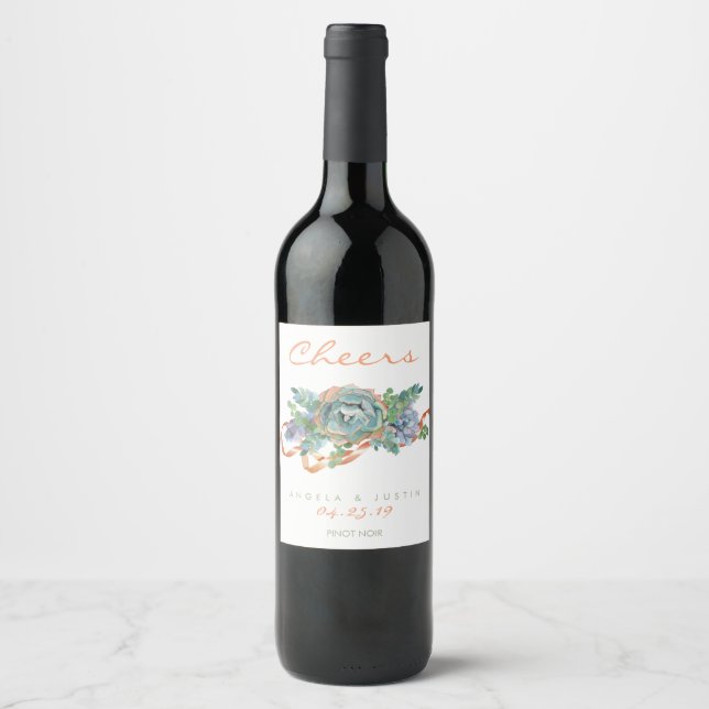 Watercolor Succulent Cluster Wine Label (Front)