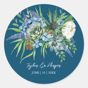 Watercolor Succulent Floral Bouquet Boho Wedding Classic Round Sticker