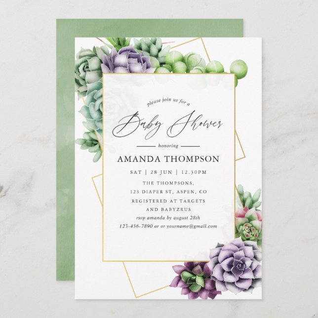 Watercolor Succulent Geometric Baby Shower Invitation (Front/Back)