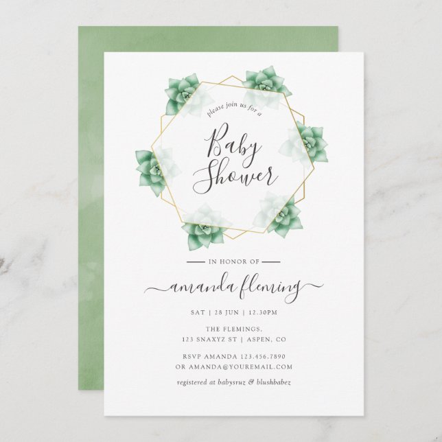 Watercolor Succulent Geometric Baby Shower Invitation (Front/Back)