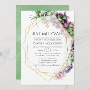 Watercolor Succulent Geometric Bat Mitzvah Invitation