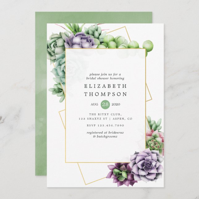 Watercolor Succulent Geometric Bridal Shower Invitation (Front/Back)