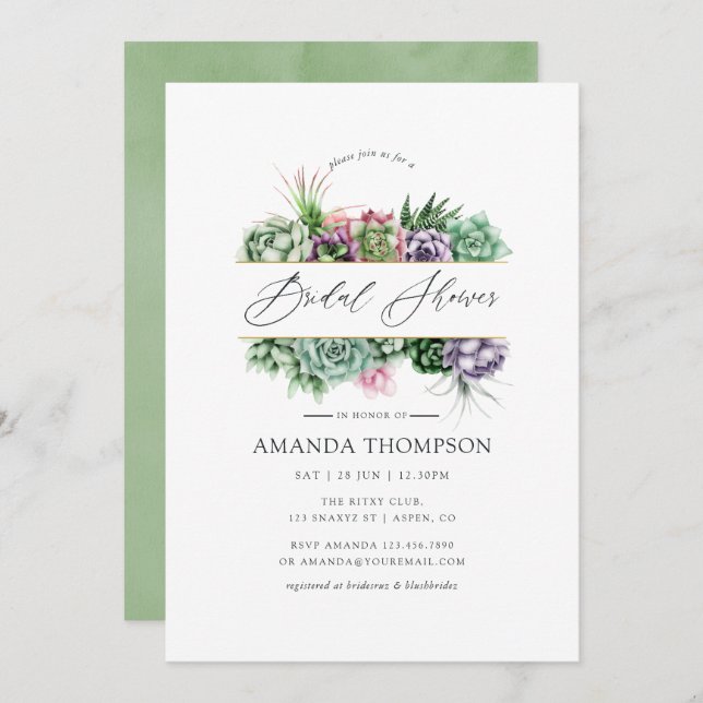Watercolor Succulent Geometric Bridal Shower Invitation (Front/Back)