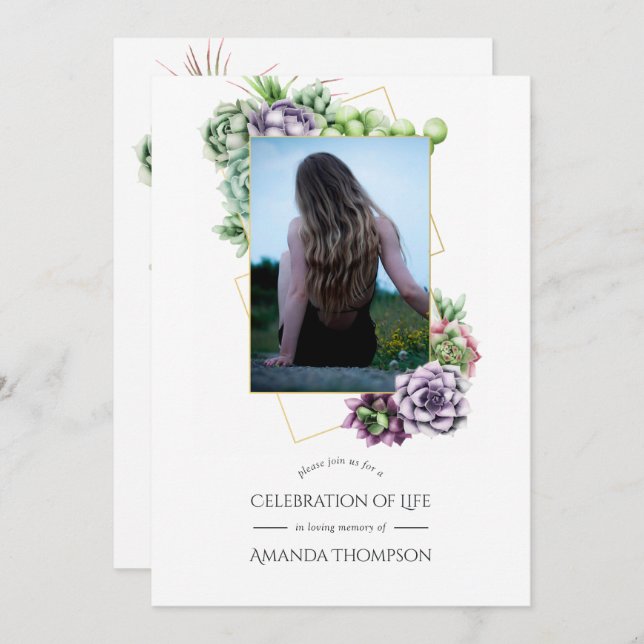 Watercolor Succulent Geometric Celebration of Life Invitation (Front/Back)