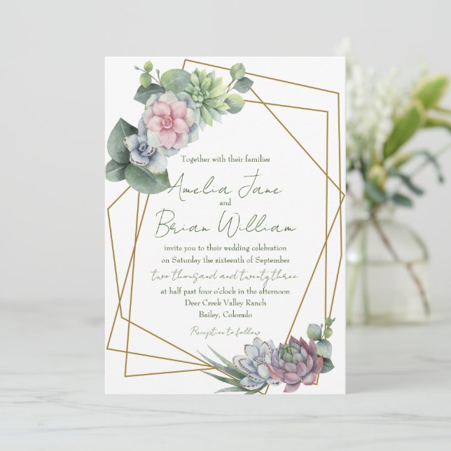Watercolor Succulent Geometric Plant Wedding Invitation (Standing Front)
