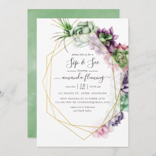 Watercolor Succulent Geometric Sip and See Invitation