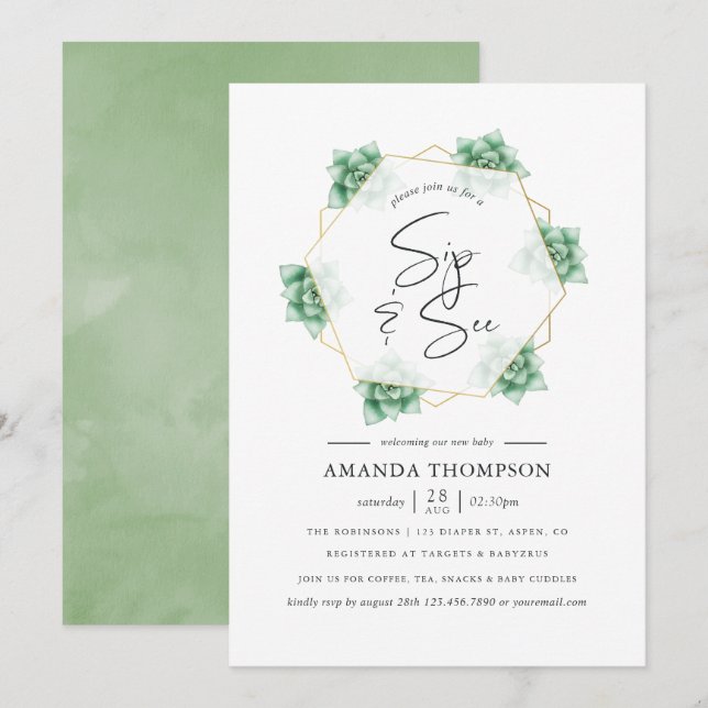 Watercolor Succulent Geometric Sip and See Invitation (Front/Back)