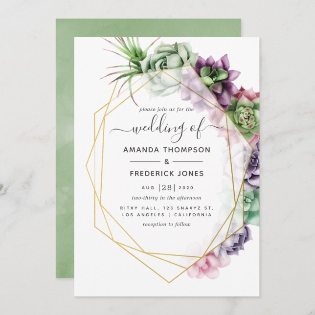 Watercolor Succulent Geometric Wedding Invitation (Front/Back)
