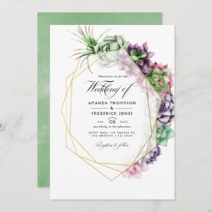 Watercolor Succulent Geometric Wedding Photo Invitation