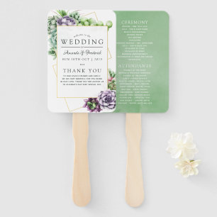Watercolor Succulent Geometric Wedding Program Hand Fan