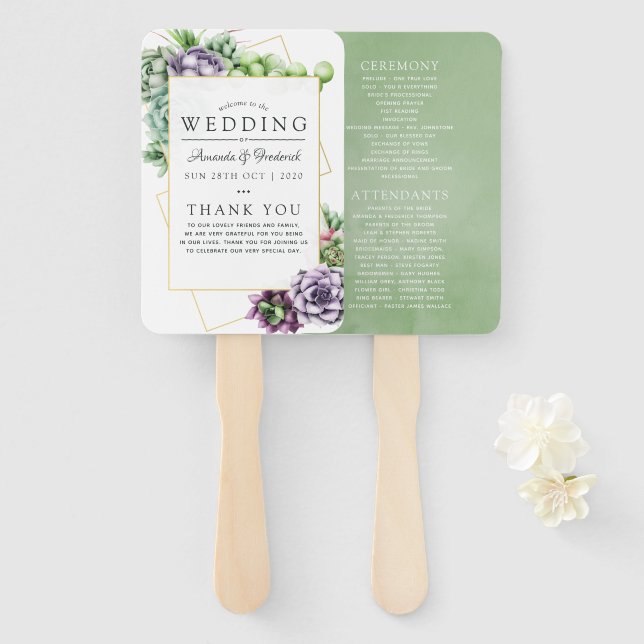 Watercolor Succulent Geometric Wedding Program Hand Fan (Front and Back)