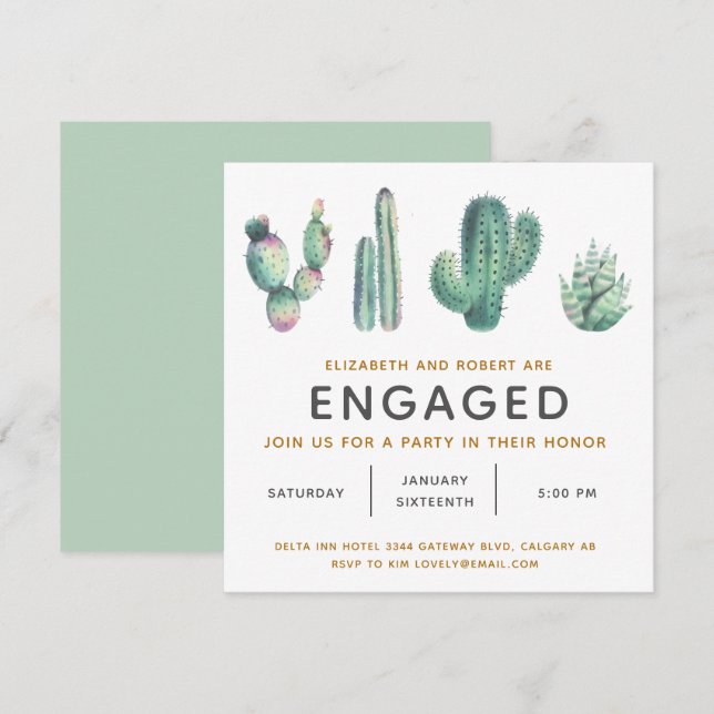 Watercolor Succulent Lush Cactus Engagement Invitation (Front/Back)