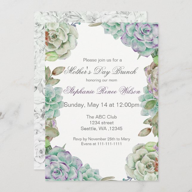 Watercolor Succulent Mother's Day Brunch Invites (Front/Back)